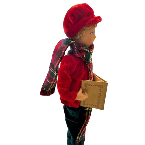 Christmas Caroler Figurines Set Boy & Girl Red Plaid Holiday Decor Vintage Style - Picture 7 of 12